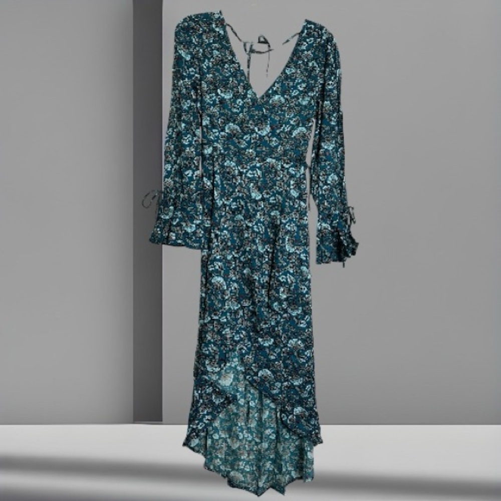 Jewel Teal Floral Wrap Long Sleeve Maxi Dress Size Small